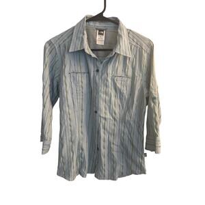 The NorthFace Shirt Women's M Blue/‎ Green Striped 3/4 Sleeve Button Down